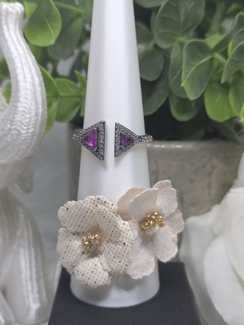 BP Elegant Open Triangle Ring with Purple Flourite CZs